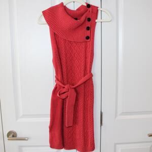 TALBOTS Red Sleeveless Belted Cable Knit Sweater Dress Button Shawl Collar | M
